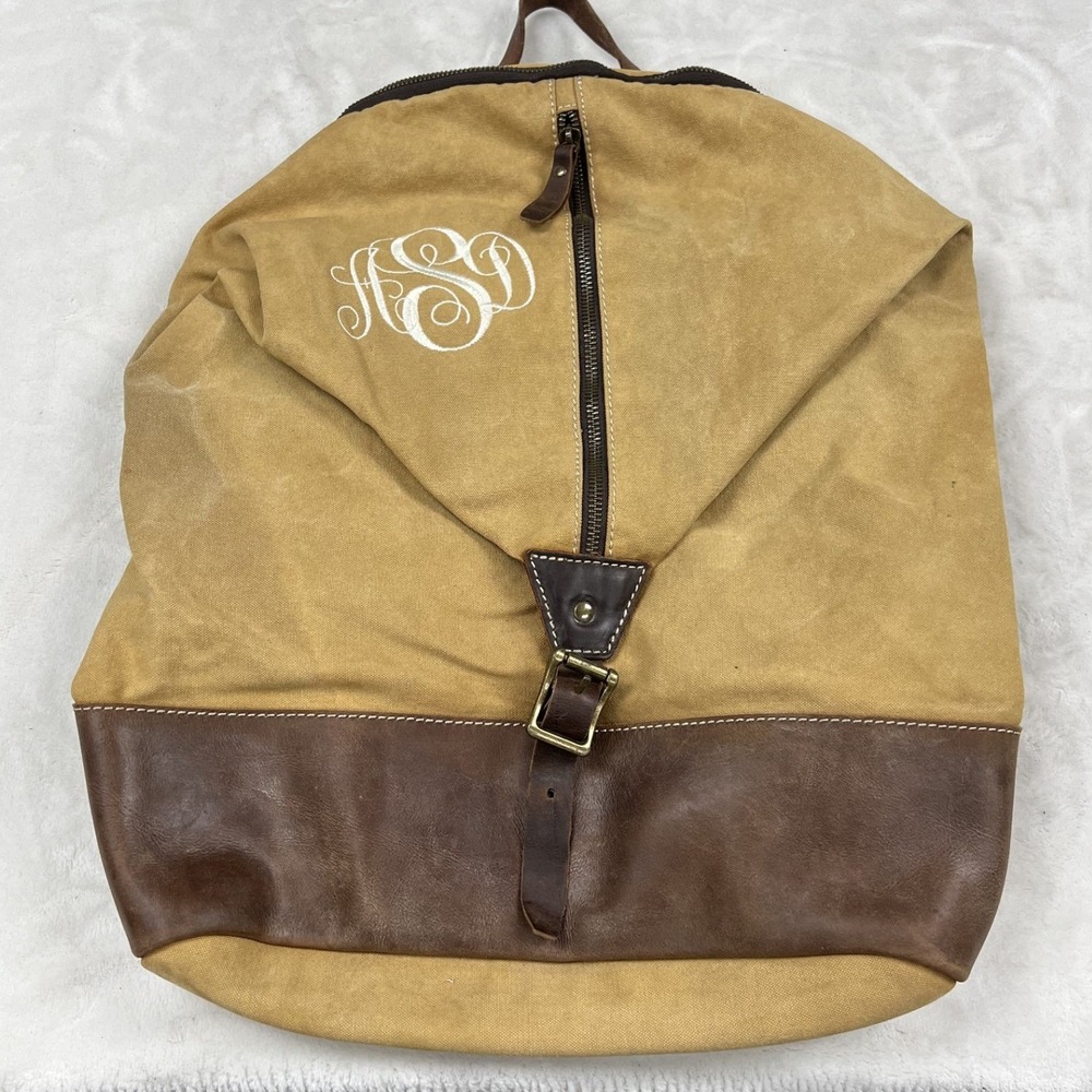 Gootium Canvas Backpack Unisex Large Tan Brown Leather Trim Monogrammed